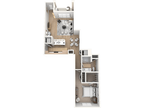 A floor plan of one-bedroom one-bathroom apartment with an open-concept kitchen and living space
